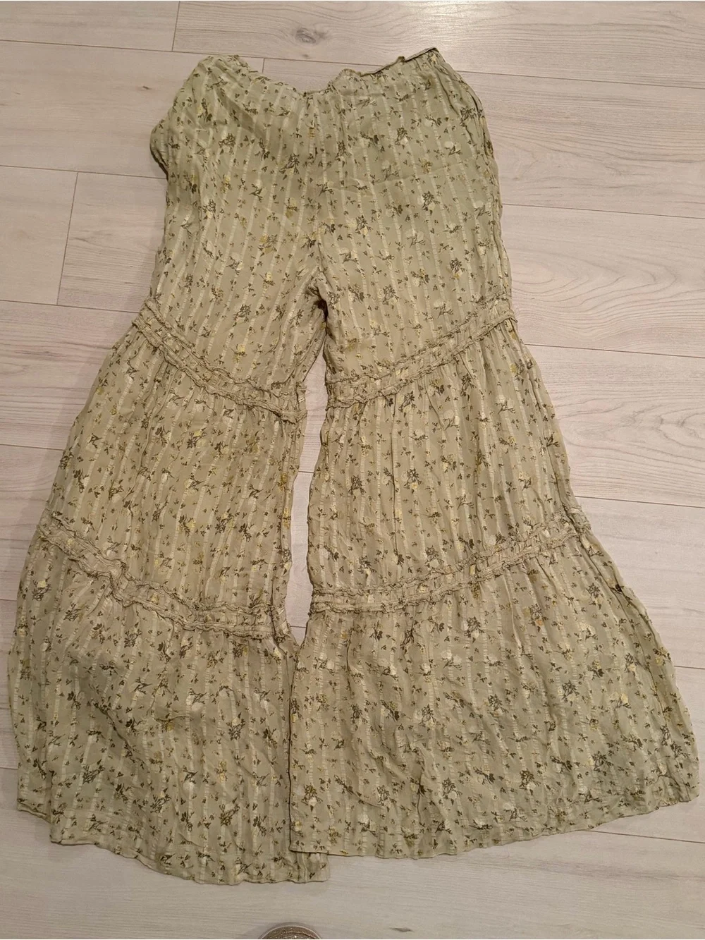Free People Sage Green Floral Tiered Wide-Leg Pants